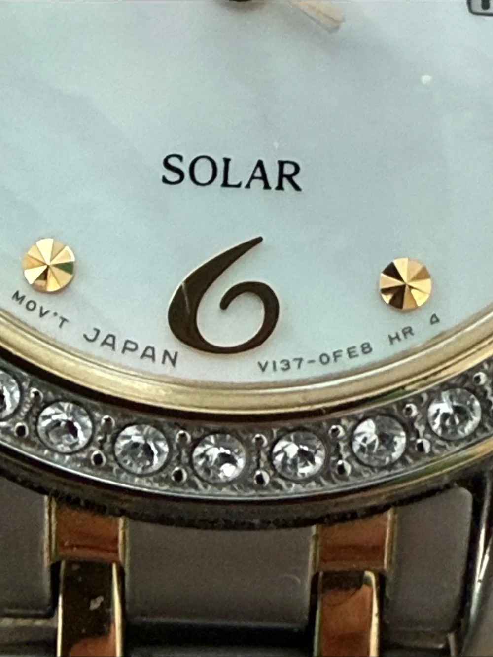 Seiko Solar Ladies Watch Pearl Dial Swarovski Crystals Two-Tone Bracelet Date